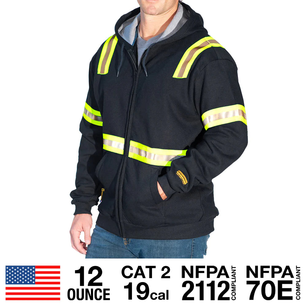 Benchmark FR 3025FRBK Enhanced Visibility Hooded Zippered Sweatshirt-Fire Retardant Shirts.com