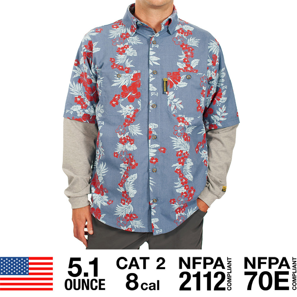 Benchmark FR 1959FRLB Aloha Friday Tropical Vine Light Blue Flame Resistant Hawaiian Shirt