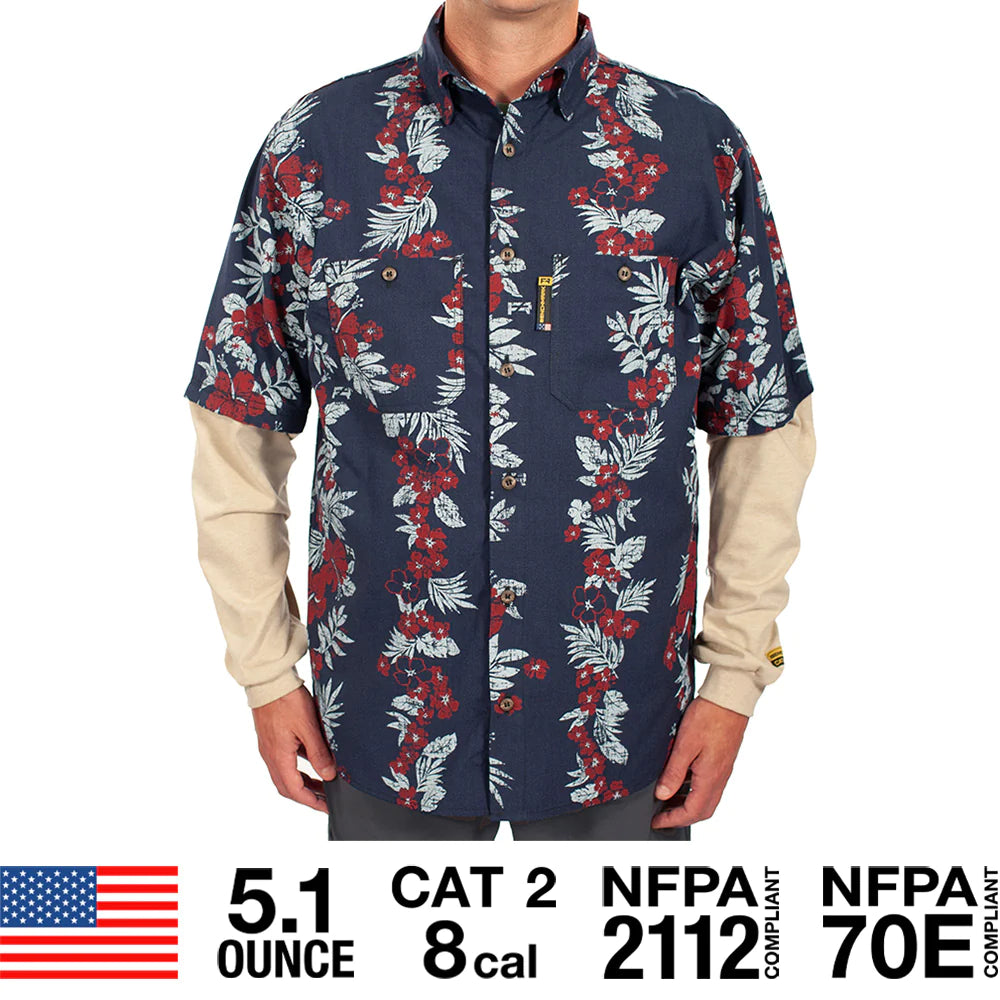 Benchmark FR 1959FRNB Aloha Friday Tropical Vine Navy Blue Flame Resistant Hawaiian Shirt