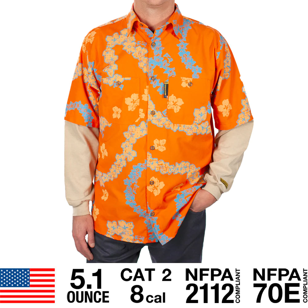 Benchmark FR 1959FROR-S Leis for Days Orange Flame Resistant Hawaiian Shirt