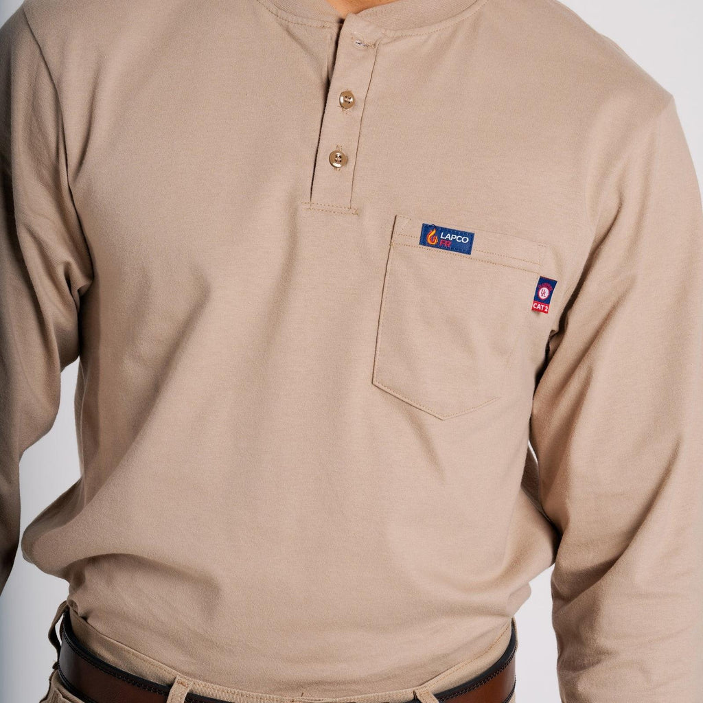 LAPCO FR FRT-RHP 6KH Khaki 6oz. Henley Tees-Fire Retardant Shirts.com