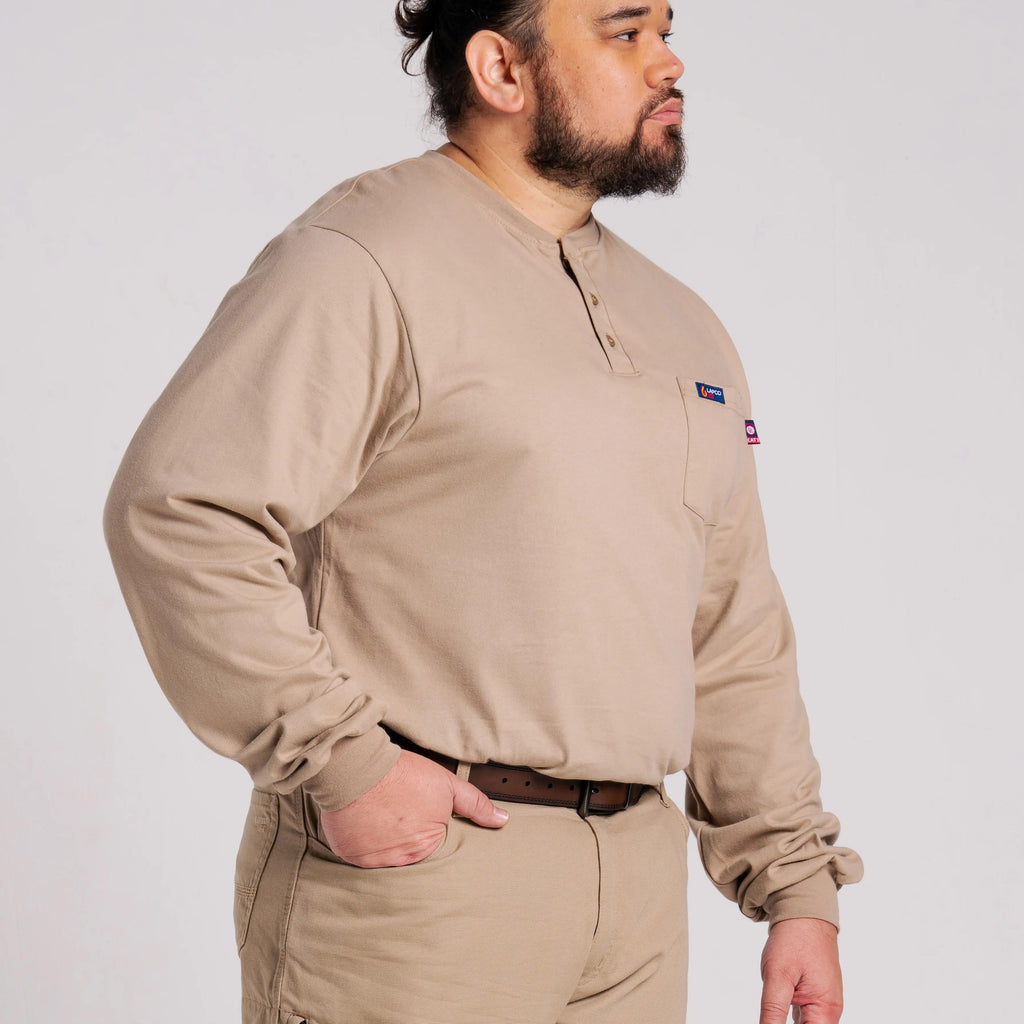 LAPCO FR FRT-RHP 6KH Khaki 6oz. Henley Tees-Fire Retardant Shirts.com