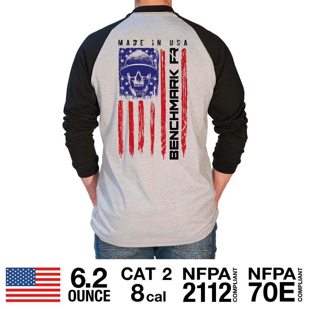 Benchmark FR 3119FR-SKFLAG American Skull FR Baseball Style T-Shirt-Fire Retardant Shirts.com