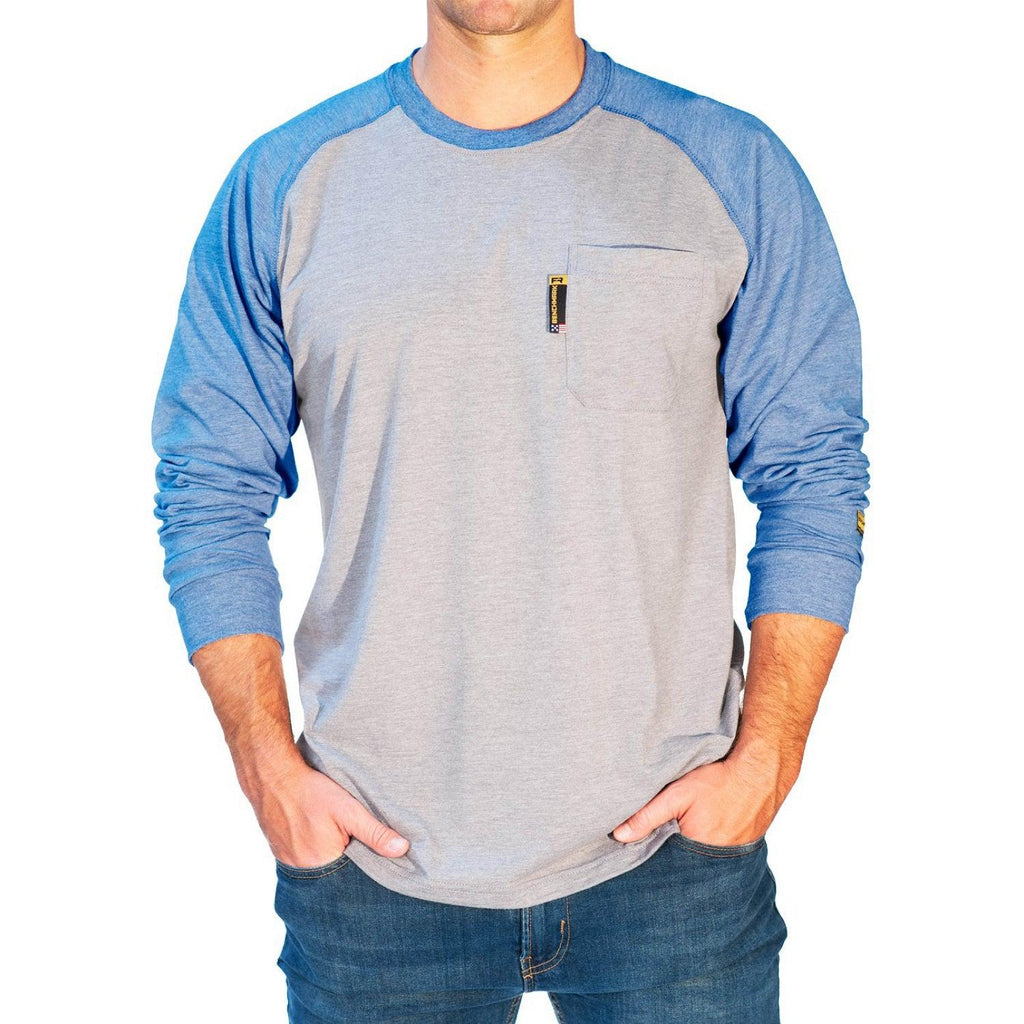 Benchmark FR 3119FRLB Light Blue Raglan Flame Resistant T-Shirt W/Front Pocket-Fire Retardant Shirts.com