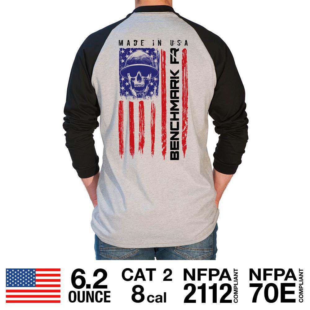 Benchmark FR 3119FR-SKFLAG American Skull FR Baseball Style T-Shirt